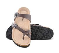 TF STAR Adjustable Sandals, Flat Leather Casual Slippers for Women & Ladies, Flip-Flops Ring Open-Toe Slide Cork Footbed for Teenagers/Girls, Brown, 9 UK