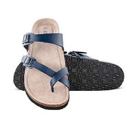 TF STAR Adjustable Sandals, Flat Leather Casual Slippers for Women & Ladies, Flip-Flops Ring Open-Toe Slide Cork Footbed for Teenagers/Girls, Navy, 9 UK