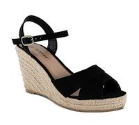 TF STAR Jute rope wedge sandals for women,women platform summer shoes ankle strap espadrille wedge heel sandals, Black, 4 UK