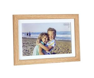 TFA Dostmann 37.1002 Digital 10 Inch WLAN Picture Frame with Frameo App MDF Wooden Frame Including USB and Micro SD with Touch Screen for Video and Photos Current Time Brown