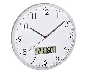 TFA Dostmann 60.3048.02 Analogue Wall Clock with Digital Thermometer and Hygrometer, for Room Climate Control, Glass, Transparent, Diameter 302 (White with Batteries)
