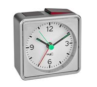 TFA Dostmann analogue alarm clock Push, 60.1013.54, bedside non ticking, travel clock, battery operated, silver