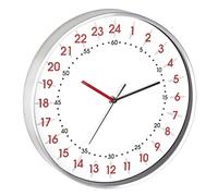 TFA Dostmann Analogue Wall Clock 24 Hour Display, 60.3069.02, with Red Hour and Black Minute Numbers, Aluminium Frame, Glass Cover, White