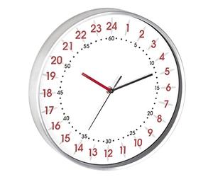 TFA Dostmann Analogue Wall Clock 24 Hour Display, 60.3069.02, with Red Hour and Black Minute Numbers, Aluminium Frame, Glass Cover, White