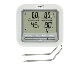 TFA Dostmann Digital Grill Thermometer Roasting Thermometer 14.1516 with 2 Stainless Steel Probes, Meat Thermometer for Oven and Grill, up to 300 °C, with Alarm Function, Beef/Pork/Chicken/Fish, White