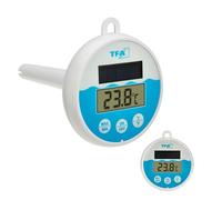 TFA Dostmann Digital Pool Thermometer with Solar Energy, 30.1068.02 | Floating in water, suitable for pool/pond/swimming pool/hot tub, with attachment line (1 m), solar powered, white-blue