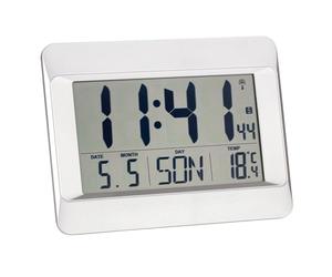 TFA Dostmann Digital Wall Clock, 60.4519, Radio-Controlled, Indoor Temp, 8 Langs, Date, Time Zone, (L) 215 x (W) 160 x (H) 26 mm (Silver)