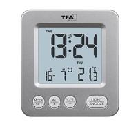 TFA Dostmann Digital Wireless Travel Alarm Clock, 60.2567.54, Indoor Thermometer, Calendar Display (Date + Day of the Week), Snooze Function, Radio-Controlled Clock, Silver