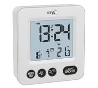 TFA Dostmann Mini 60.2567 Digital Radio-Controlled Alarm Clock, Battery Operated Indoor Temperature, Time Zone Adjustment, Individual Snooze Time, Day of the Week (White)