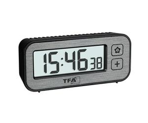 TFA Dostmann Mini Digital Alarm Clock with Temperature and Humidity Switch, 60.2039.10, with Maximum and Lowest Values, with Alarm and Quartz Clock, Travel Alarm Clock, Small, Non-Ticking (Grey)