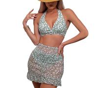 TFAOYS Floral Printed Swimsuit Ladies 3 Pieces Bathing Suit Triangle Bikinis Set with Beach Skirt Beachwear Women Floral Printed Bathing Suit Three Pieces Swimsuits Lady Bikinis Set