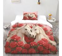 TFBHBNSk Horses Roses Bedding Set Theme Bedspread Romantic Farm Animals Duvet Cover Set 2 Pieces Chic Breathable Comforter Cover Universal for All Seasons with Pillowcase Single（135x200cm）