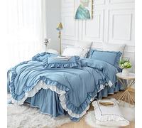 TFBHL Bed sheet set Double Layers Ruffles Blue White Bedding Set for Girls 4/6Pcs Soft Breathable Cotton Duvet Cover Set with Zipper Closure Bed Skirt Pillowcases bed linings
