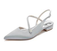 TFDRSEXVD 2.5Cm Women's Wedding Shoes Flats Satin Slingback Pointed Toe Rhinestone Ankle Strap Buckle Bridal Bridesmaid Prom Party Shoes,Silver,38