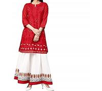 TFGO Red Net Embroidery Lucknowi Chikankari Pure Cotton Kurti Kurta for Women (as8, alpha, m, regular, regular)