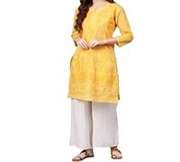 TFGO Women Chikankari Cotton Net Embroidery Kurta Lucknowi Work Readymade Dress Top (UK, Alpha, L, Regular, Regular, Yellow)