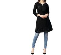TFGO Women Chikankari Cotton Net Embroidery Kurta Lucknowi Work Readymade Dress Top (UK, Alpha, L, Regular, Regular, Black)