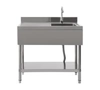 TFIANYNI Commercial Kitchen Sink Freestanding Stainless Steel Single Sink, 100x60x80cm Free Standing Sink with Shelf, Adjustable Feet, 360° Tap, Splash Guard, for Home, Restaurant