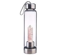 TFMus Reusable Natural Quartz Crystal Water Bottle, Natural Quartz Crystal Gemstone Infused Water Bottle Quartz Crystal Wand Point Reiki Healing Crystal Glass Elixir Cup with Cup Bag. (Pink) (Pink)