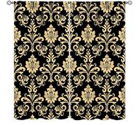 TFOSO Gothic Damask Curtains,Black Gold Baroque Vintage Floral Home Decor Drape for Bedroom Living Room Kitchen Window Treatment 2 Panels Set Total Size 52" W X 84" L Inch