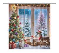 TFOSO Merry Christmas Shower Curtain,Winter Landscape Window Snowflakes Christmas Tree New Year Holiday Bathroom Curtain Polyester Waterproof Fabric Decor 66x72in（168x183cm）