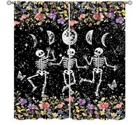 TFOSO Skull Curtains,Gothic Funny Dance Skeleton Floral Decor Drape for Bedroom Living Room Kitchen Window Treatment 2 Panels Set Total Size 63" W X 72" L Inch