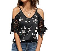 TFSDOD Womens Summer V Neck Cold Shoulder Tops T Shirts Cut Out Lace Short Sleeve Solid Color Blouses Shirt, Black Floral, Medium