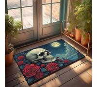TFSW Funny Outdoor Doormat Skull And Roses Under The Full Moon Doormat Hot Cocoa Bar Decor Fall Mats For Front Door(65X90CM)