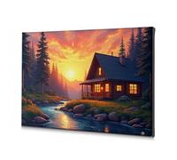 TFSW Home Wall Decor Cozy Cabin By The River At Sunset Canvas Decorative Picture Bathroom Art Wall Decor Picture Hanging Kit(30x40cm)