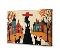 TFSW Spring Decor Autumnal Cityscape With Silhouetted Woman And Cats Canvas Decorative Picture Bathroom Decor Wall Art Baptism Decorations(20x30cm)
