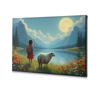 TFSW Spring Decor Girl And Sheep By The Lake Under A Full Moon Canvas Decorative Picture Bathroom Decor Wall Art Baptism Decorations(30x40cm)