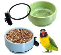 Tfwadmx 2 Pcs Bird Cage Feeder Ceramic Parrot Feeding Dish Pet Bird Bowls Hanging Parrot Food Bowl for Budgie Finches Lovebirds Parakeet Cockatiels (Green & Blue)