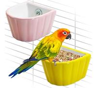 Tfwadmx 2 Pcs Bird Cage Feeder Ceramic Pet Bird Bowls Parrot Feeding Dish Hanging Parrot Food Bowl for Budgie Finches Lovebirds Parakeet Cockatiels (Yellow & Pink)
