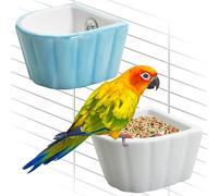Tfwadmx 2 Pcs Bird Cage Feeder Ceramic Pet Bird Bowls Parrot Feeding Dish Hanging Parrot Food Bowl for Budgie Finches Lovebirds Parakeet Cockatiels (White & Blue)