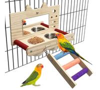 Tfwadmx Bird Food Stainless Steel Cups Wooden Perch Stand with Ladder Hanging Feeder Bowls Feeding and Watering Supplies for Parakeets Conures Cockatiels Budgie Parrot