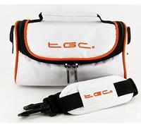 TGC ® Camera Case Utility Bag Compatible with Nikon Coolpix W300 with shoulder strap and Carry Handle (Cool White With Hot Orange Trims)