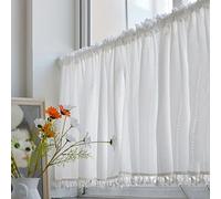 TGDGFKIAS Cupboard curtain cafe curtains, Curtain Farmhouse Valance for Window French Flower Hollow Striped Half Window Curtains Semi Sheer Voile White Curtain Valance with Tassel(140x80cm/55x32in)