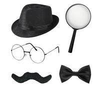 TGKEAIY 5 Pcs Detective Costume Accessories Set, Detective Sherlock Holmes Fancy Dress Kit with Hat Fake Mustache Bow Tie Black Frame Glasses Magnifier, Detectives Kit for Halloween Cosplay Carnival