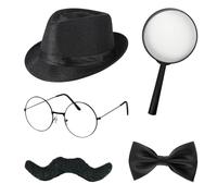 TGKEAIY 5 Pcs Detective Costume Accessories Set, Detectives Kit | Sherlock Fancy Dress Kit with Hat Fake Mustache Bow Tie Black Frame Glasses Magnifier for Halloween Cosplay Carnival