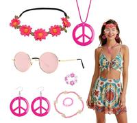 TGKEAIY 7Pcs Hippie Costume Accessories Set, 60s 70s Fancy Dress Accessory with Flower Crown Headband Peace Sign Necklace Sunglasses Earrings Bracelet Ring, Retro Accessory for Groovy Party