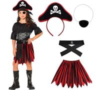 TGKEAIY Kids Pirate Costume Girls, 4 Pieces Fancy Dress Girls Role Play Dress Up with Pirate-Hat & Pirate Eye Patch, Pirates Princess Deluxe Dress for Themed Birthday Party Halloween Costume