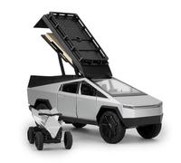 TGRCM-CZ 1/32 Tesla Cybertruck Electric Pick-Up Model Car Camping RV with Motorcycle, Zinc Alloy Pull Back Vehicles Model Car with Sound and Light for Kids 3+ Years Old Birthday Gift (Silvery)