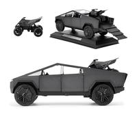 TGRCM-CZ 1/32 Tesla Cybertruck Electric Pick-Up Truck Model Car With a Motorcycle, Zinc Alloy Pull Back Toy car with Sound and Light for Kids Boy Girl Gift(Gray)