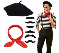 Tgsedr Pantomime Costume Women Men 8-Piece Set Beret Hat Moustache and Neckerchief Costume Accessory for Halloween Carnival Cosplay Party