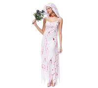 TGUVGRHH Bloody Halloween Bride Costume,Women Dead Bride Costume Dress with Headgear for Halloween,Carnival,Prom Party,Dress up Ball (White, L)