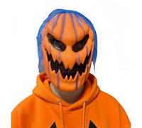TGUVGRHH Halloween Pumpkin Head Mask,Creepy Halloweens Pumpkin Head Masks with Devil Smile Scary Pumpkin Mask with Faux Hair for Adult,Halloween Costume Carnival,Fancy Dress Ball (Blue, One Size)