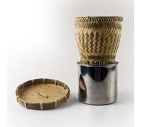 Thai Bamboo Sticky Rice Steamer Basket with Lid and mug - Traditional Handwoven Wicker Container for Steamed Rice - Natural Keep-Cooked Warm Food Holder for Asian Cuisine & Table Decor (Small-4.75 in