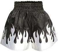 Thai Boxing Shorts kick Boxing shorts Heavey duty silk Satin Muay thai MMA UFC Black with White Flame design (Extra large (38"-40") waist)
