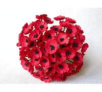 Thai Decorated 100 Pcs Red Poppy Mulberry Paper Flower Wire Stem Long 8 cm Mulberry Paper Flowers, Red Paper Flowers, Mini Paper Flowers, DIY Veterans Day, Artificial Poppy Paper Flowers,