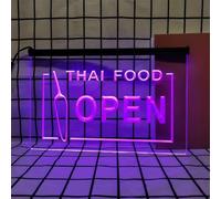 Thai Food Neon Sign for Wall Decor, USB Powered Dimmable LED Neon Lights for Thai Restaurant Cafe Drinks Desserts Shop,Purple,40x30cm